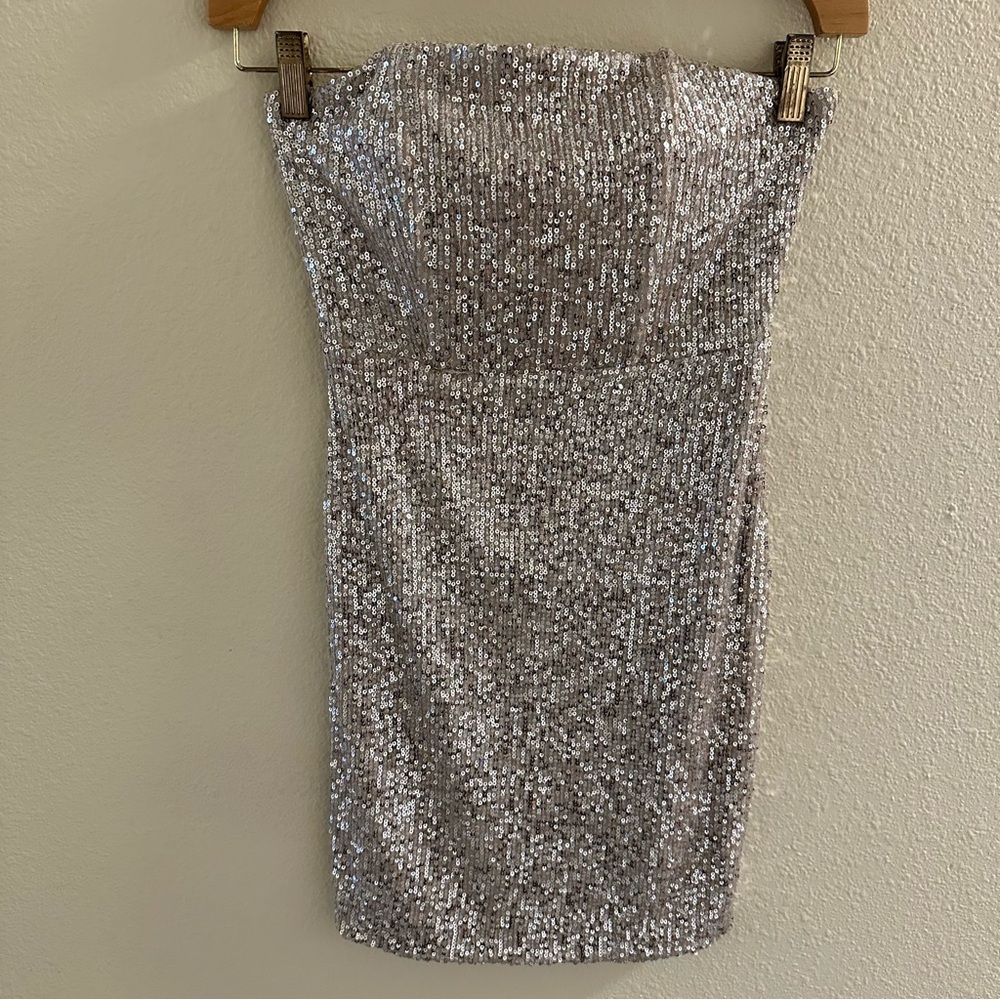 Silver Sequin Strapless Dress
